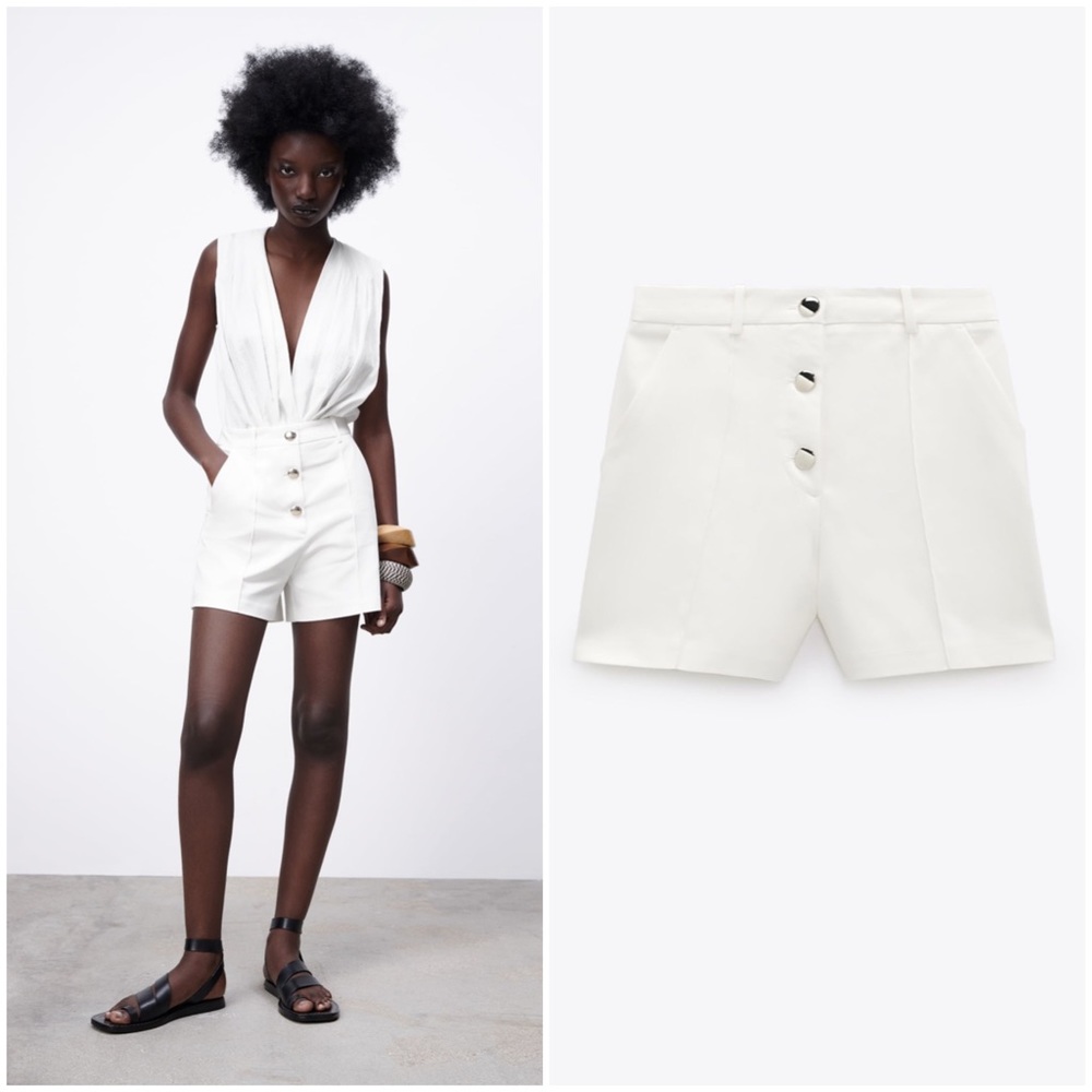 𝗡𝗪𝗧 𝗭𝗮𝗿𝗮 • High-Waist Bermudas Shorts Button Closure Ecru M